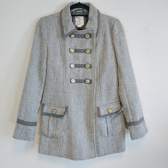 Tulle Anthropologie Herringbone Double Breasted Military Style Jacket Sz M - Picture 1 of 15